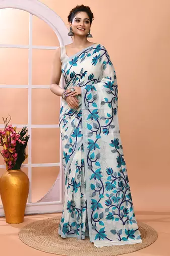 Off white office wear semi silk blend jamdani saree with running blouse