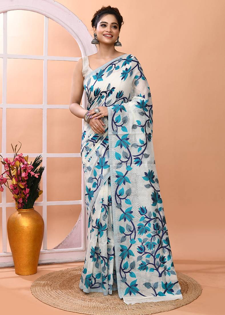 Off white office wear semi silk blend jamdani saree with running blouse
