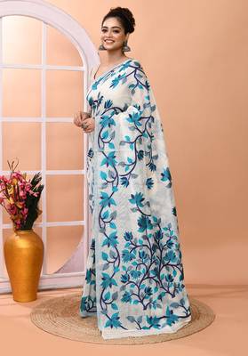 Off white office wear semi silk blend jamdani saree with running blouse 2
