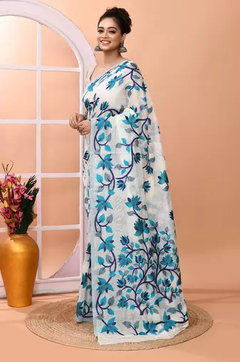 Off white office wear semi silk blend jamdani saree with running blouse