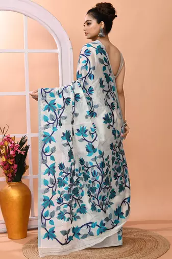 Off white office wear semi silk blend jamdani saree with running blouse