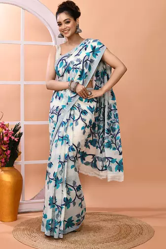 Off white office wear semi silk blend jamdani saree with running blouse