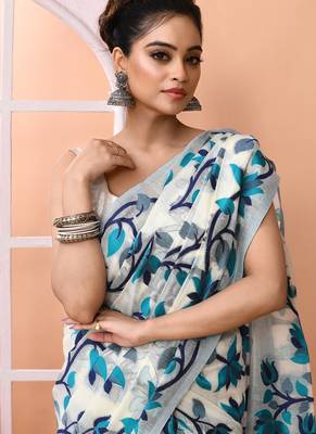 Off white office wear semi silk blend jamdani saree with running blouse 5