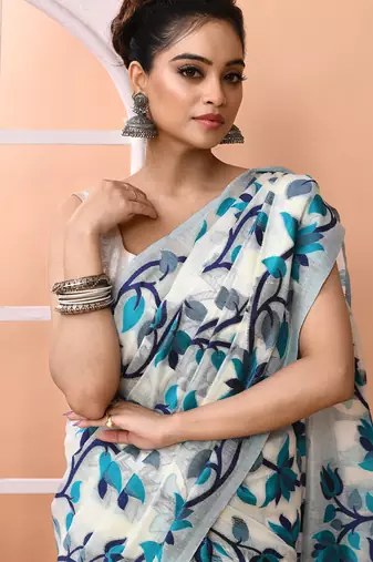 Off white office wear semi silk blend jamdani saree with running blouse