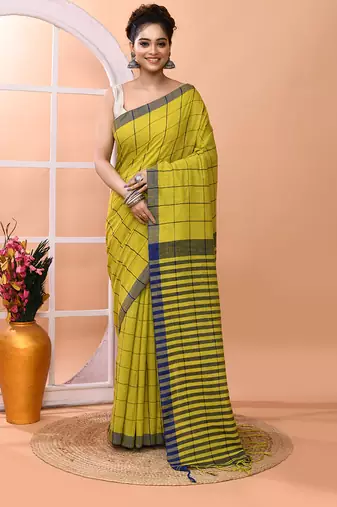 Lemon yellow office wear cotton blend check saree with running blouse