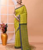 Lemon yellow office wear cotton blend check saree with running blouse