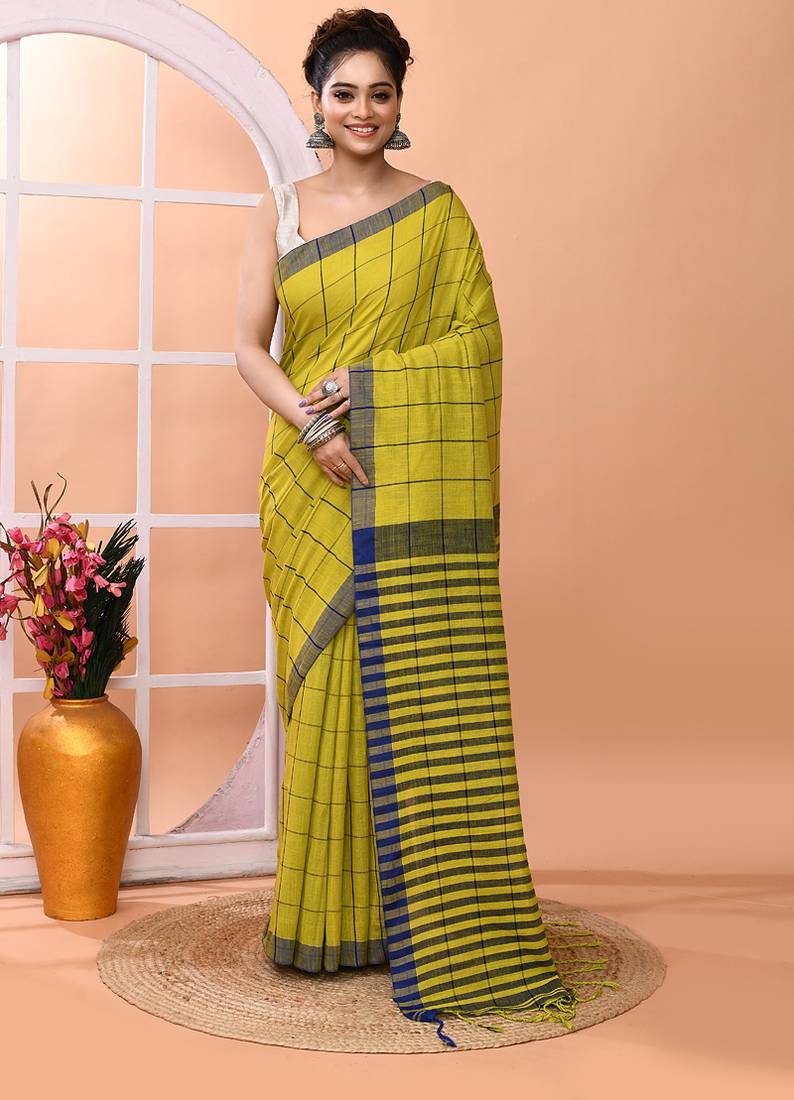 Lemon yellow office wear cotton blend check saree with running blouse