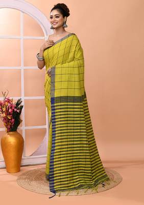 Lemon yellow office wear cotton blend check saree with running blouse 2