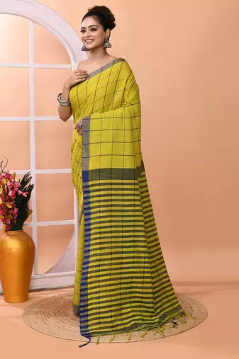Lemon yellow office wear cotton blend check saree with running blouse