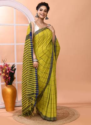 Lemon yellow office wear cotton blend check saree with running blouse 3