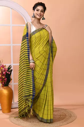 Lemon yellow office wear cotton blend check saree with running blouse