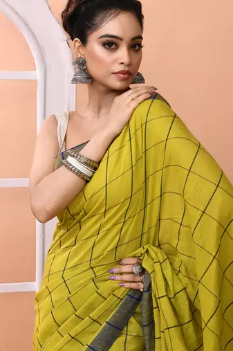 Lemon yellow office wear cotton blend check saree with running blouse