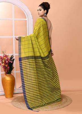 Lemon yellow office wear cotton blend check saree with running blouse 5