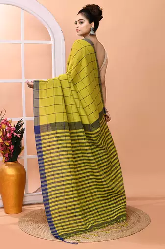 Lemon yellow office wear cotton blend check saree with running blouse