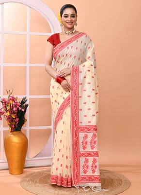 Cream festive wear semi silk blend jamdani saree with running blouse 1