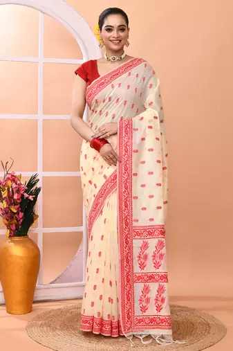 Cream festive wear semi silk blend jamdani saree with running blouse
