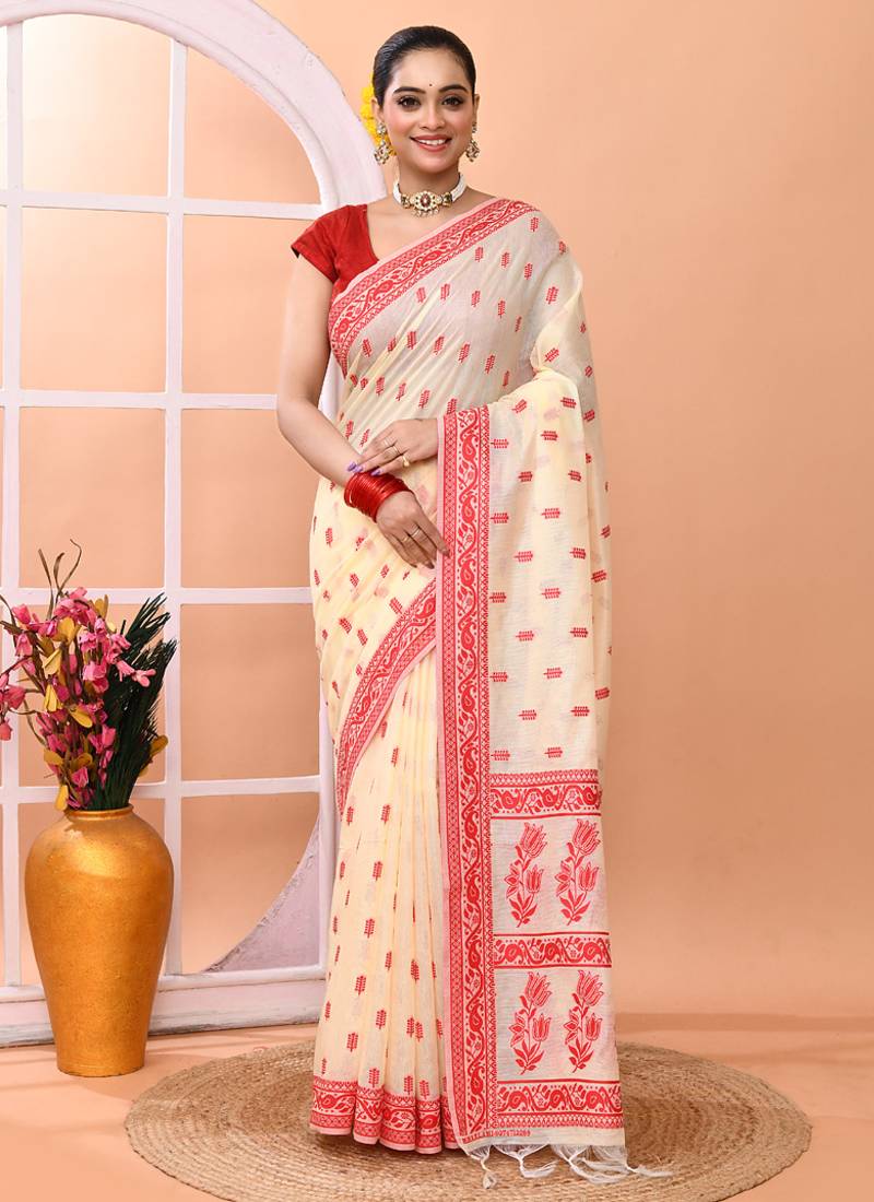 Cream festive wear semi silk blend jamdani saree with running blouse