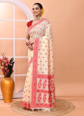 Cream festive wear semi silk blend jamdani saree with running blouse 2