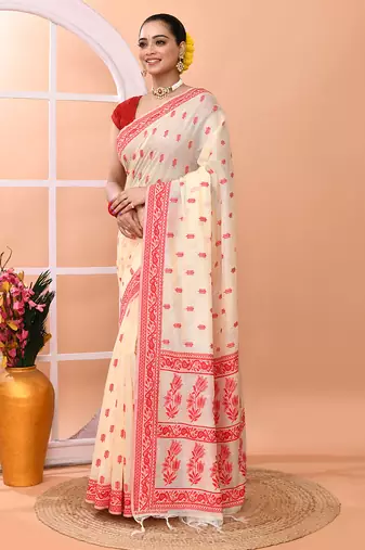 Cream festive wear semi silk blend jamdani saree with running blouse