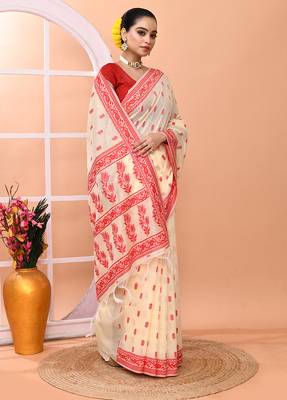 Cream festive wear semi silk blend jamdani saree with running blouse 3
