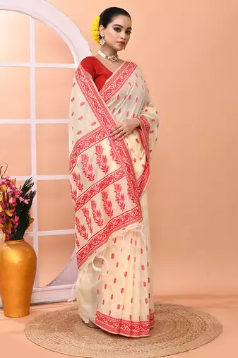 Cream festive wear semi silk blend jamdani saree with running blouse