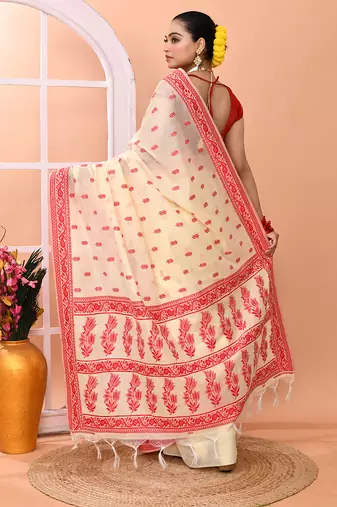 Cream festive wear semi silk blend jamdani saree with running blouse