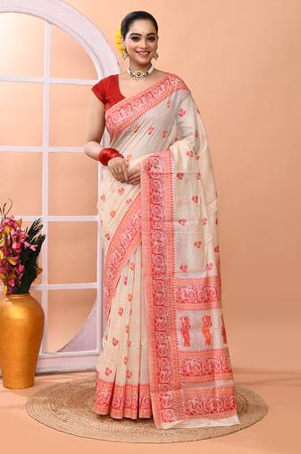 Beige festive wear semi cotton silk tangail saree with running blouse