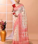 Beige festive wear semi cotton silk tangail saree with running blouse