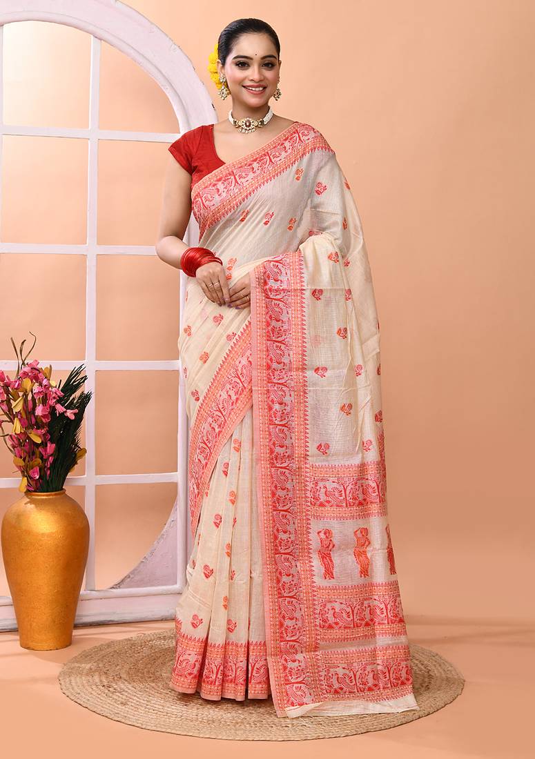 Beige festive wear semi cotton silk tangail saree with running blouse