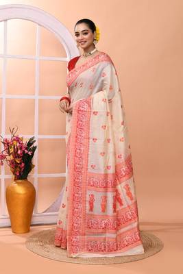 Beige festive wear semi cotton silk tangail saree with running blouse 2