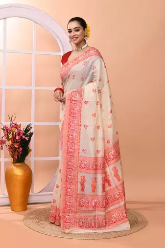 Beige festive wear semi cotton silk tangail saree with running blouse
