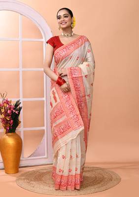 Beige festive wear semi cotton silk tangail saree with running blouse 3