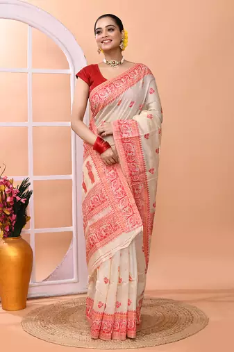 Beige festive wear semi cotton silk tangail saree with running blouse