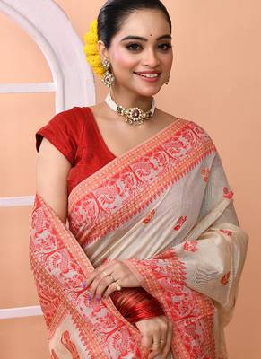 Beige festive wear semi cotton silk tangail saree with running blouse 4