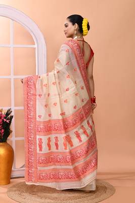 Beige festive wear semi cotton silk tangail saree with running blouse 5