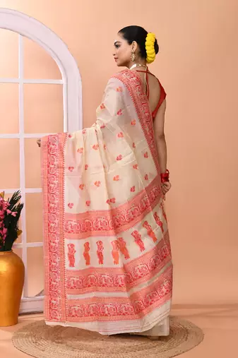 Beige festive wear semi cotton silk tangail saree with running blouse