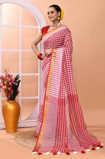 Red white check daily wear handloom cotton blend saree without blouse