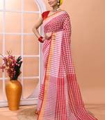 Red white check daily wear handloom cotton blend saree without blouse