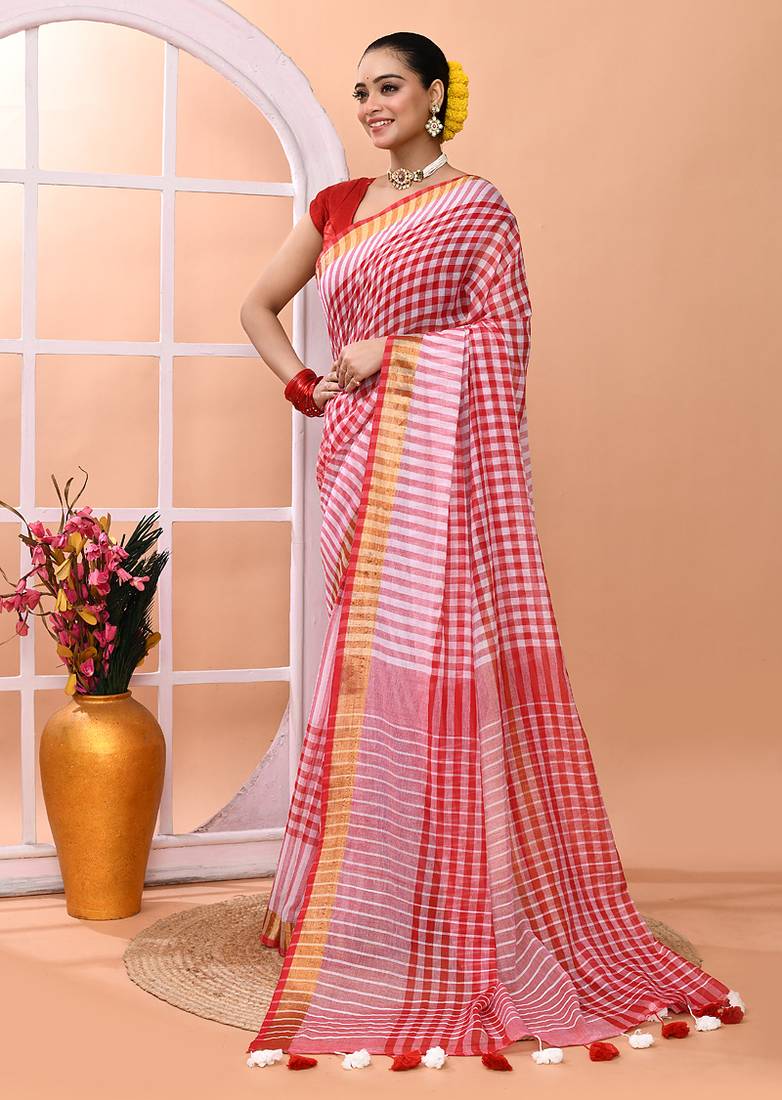 Red white check daily wear handloom cotton blend saree without blouse