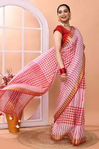 Red white check daily wear handloom cotton blend saree without blouse