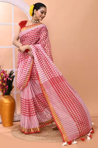 Red white check daily wear handloom cotton blend saree without blouse