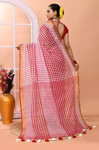 Red white check daily wear handloom cotton blend saree without blouse