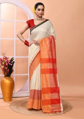 Beige daily wear handloom cotton blend saree with running blouse 1