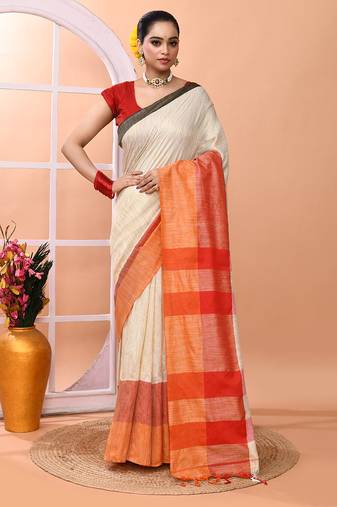 Beige daily wear handloom cotton blend saree with running blouse