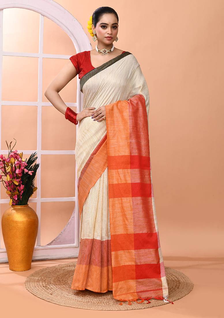 Beige daily wear handloom cotton blend saree with running blouse