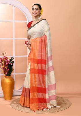 Beige daily wear handloom cotton blend saree with running blouse 2