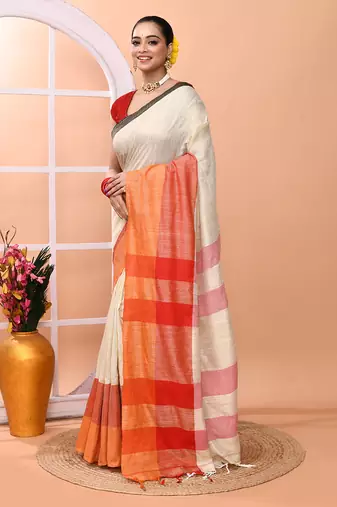 Beige daily wear handloom cotton blend saree with running blouse