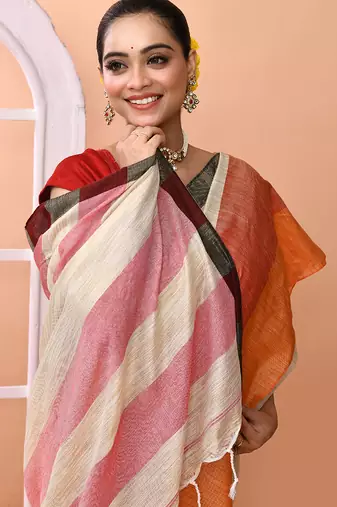 Beige daily wear handloom cotton blend saree with running blouse