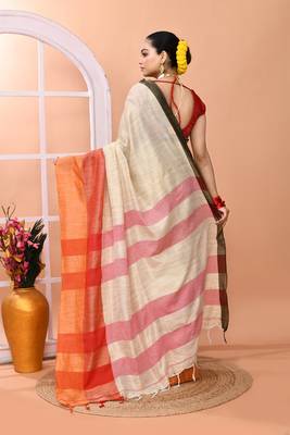 Beige daily wear handloom cotton blend saree with running blouse 5