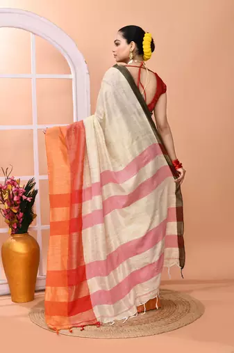 Beige daily wear handloom cotton blend saree with running blouse